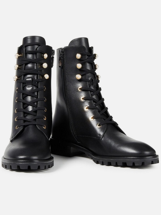 Stuart Weitzman Shoes - Stuart Weitzman Black Leather Pearl-Accent Lace-Up Boots
